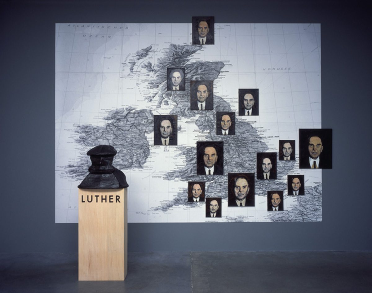 <i>achtung! luther</i>, 2006
</br>
mixed media, 17 parts, variable dimensions>