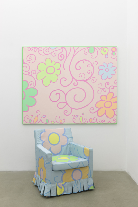 lily van der stokker, small pink decoration painting and gobelin armchair, 2012
mixed media, installation size: 165 x 219 x 116 cm