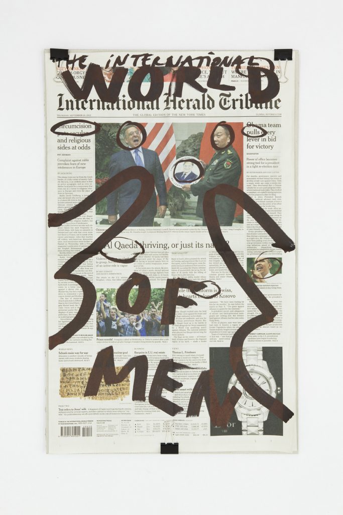 Dan Perjovschi, <i>International Herald Tribune (20.09.2012)</i>, 2012
</br>
molotov marker on paper
</br>
62,5 x 41,5 x 3,5cm / 24.6 x 16.4 x 1.4 in (framed)