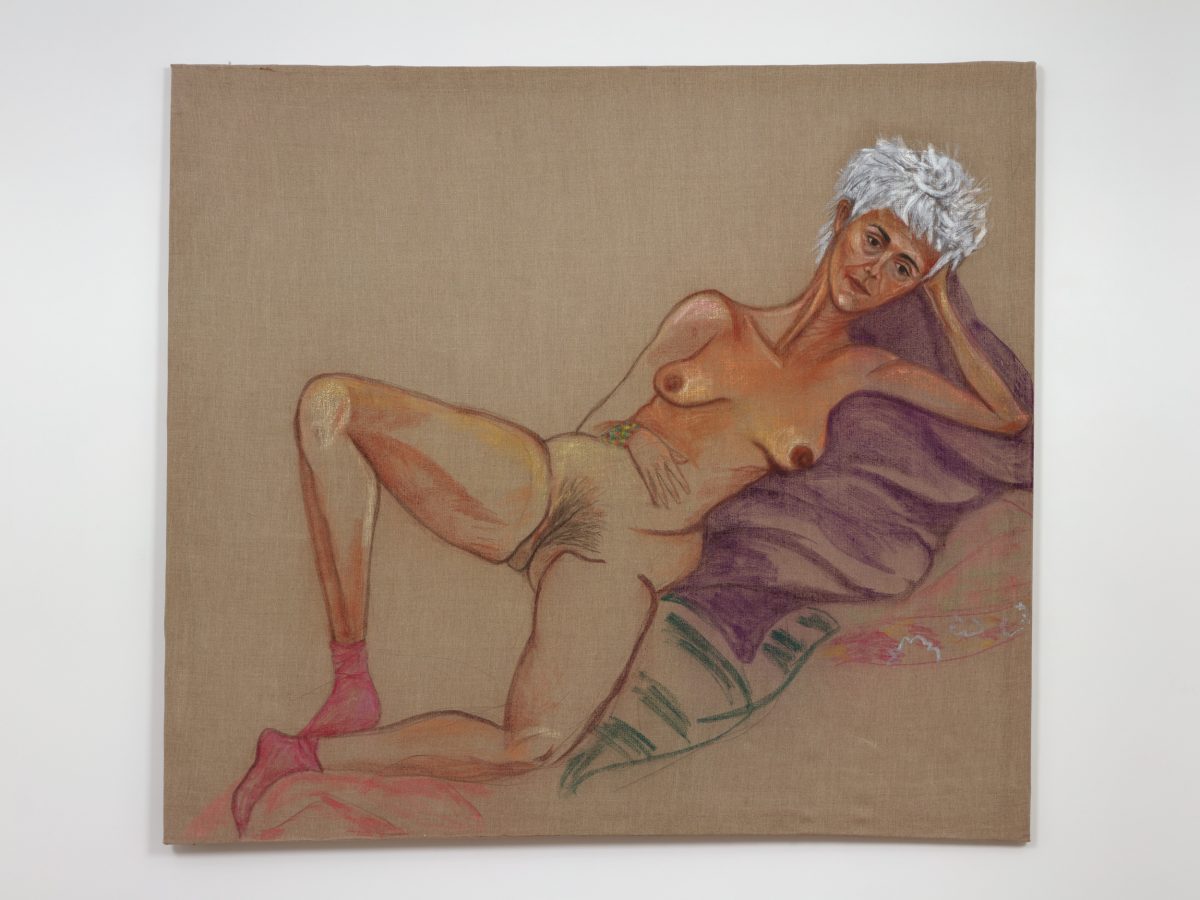 <I>Desnuda y con zoquetes (Nude with socks)</I>, 2012
</br>
oil pastel on linen</br>
180 x 160 cm / 70.8 x 62.9 in