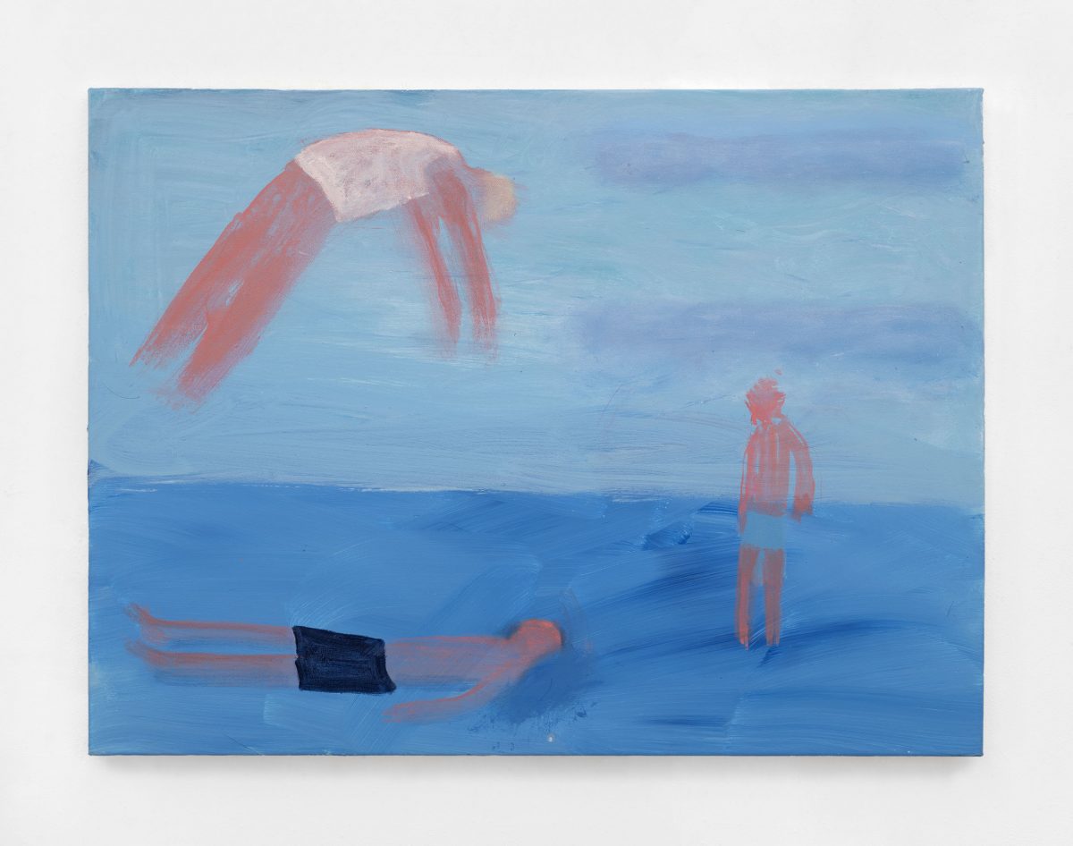 <I>Three Swimmers Light Blue</I>, 2021
</br>
acrylic on canvas</br>
76,2 x 101,6 cm / 30 x 40 in