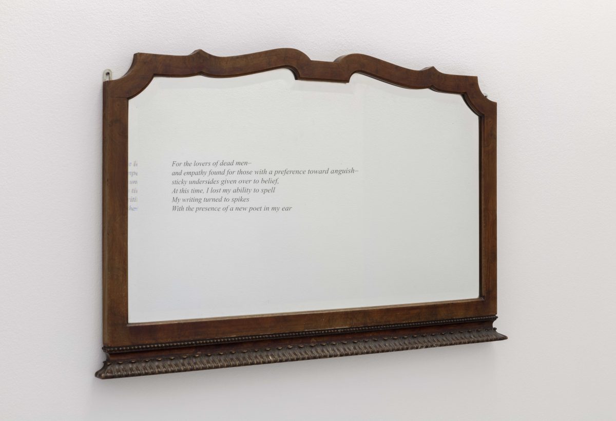 Aria Dean, <I>Cipher (6)</I>, 2021
</br>
vynil on wall, mirror</br>
Dimensions variable