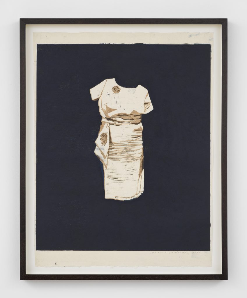 Mamma Andersson, <I>Dress</I>, 2015
</br>
handprinted colour woodcut on rice paper, monotype</br>
71,9 x 57 x 3,8 cm / 28.3 x 22.4 x 1.5 in