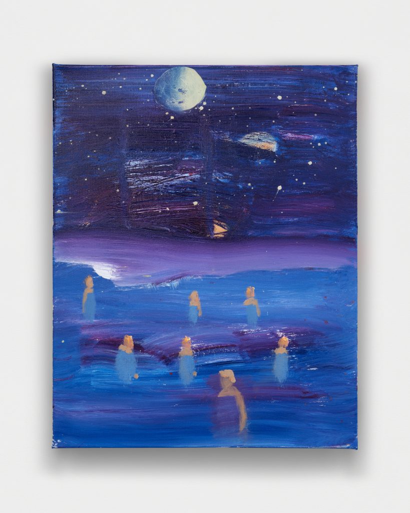 <i>Blue Swimmers Under Two Moons</I>, 2025</br> acrylic on canvas</br>
51 x 40,5 cm / 20 x 16 in>