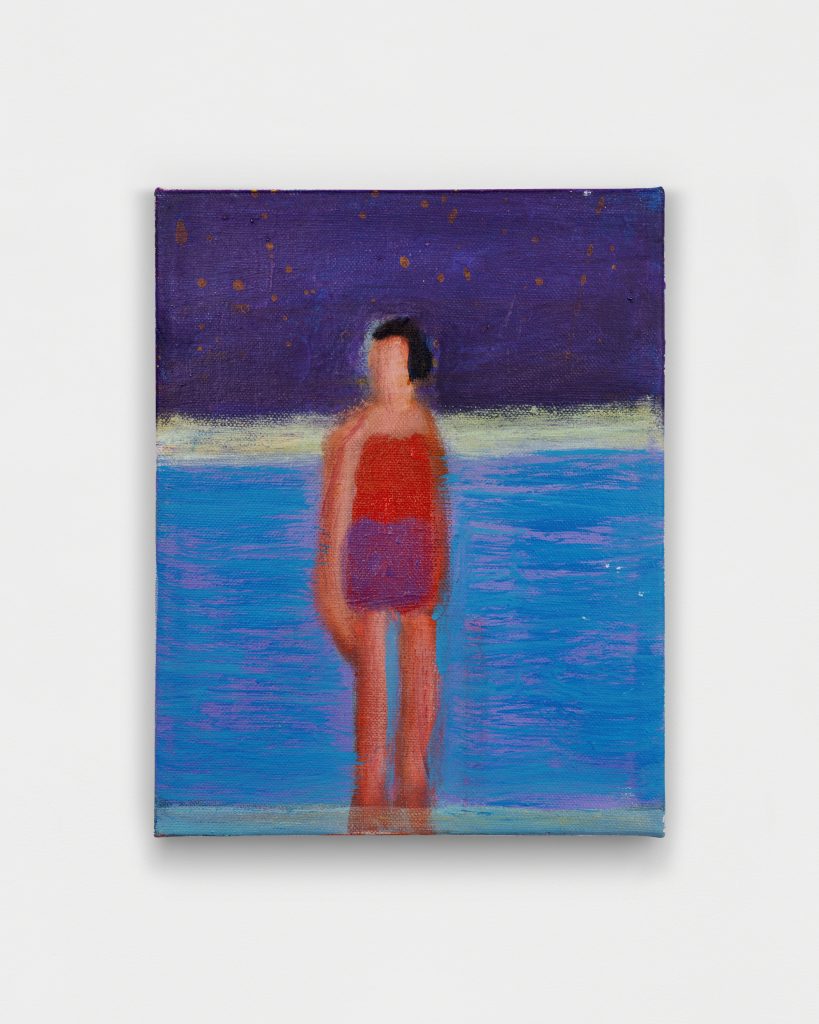 <i>Red Purple Suit Swimmer</I>, 2025</br> acrylic on canvas</br>
25,4 x 20,3 cm / 10 x 8 in>