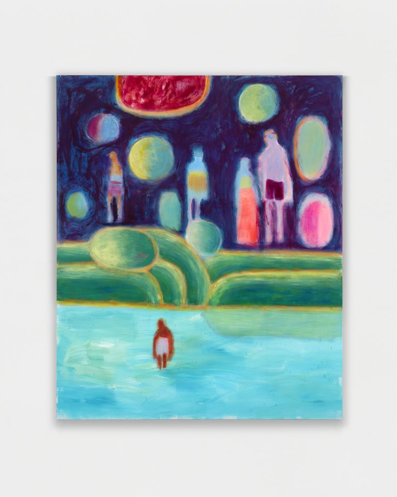 <i>Moonscape and Swimmer</i>, 2025 </br>
acrylic on canvas</br>
183 x 152,5 cm / 72 x 60 in>