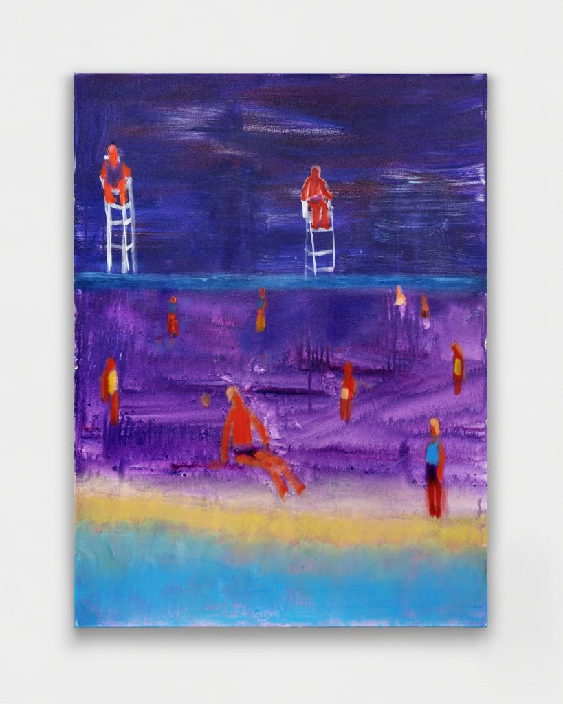<i>Lifeguards Purple Beach</i>, 2025 </br>
acrylic on canvas</br>
122 x 91,5 cm / 48 x 36 in>