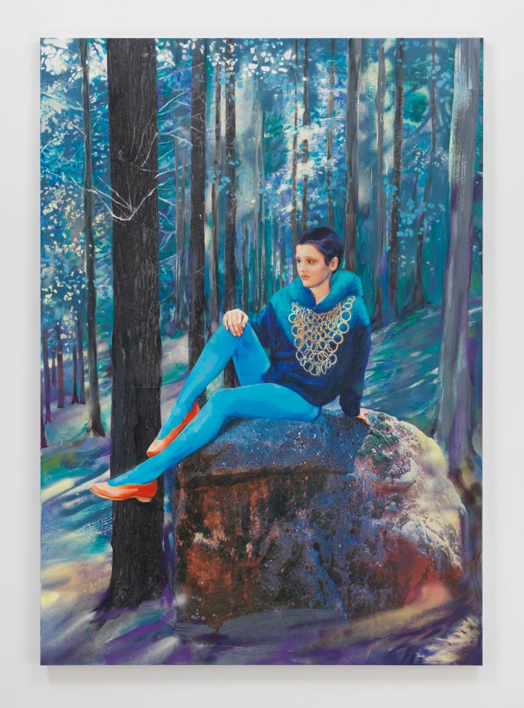 Paulina Olowska, <I>Blue Forest</I>, 2019
</br>
oil on canvas with collage elements</br>
200 x 130 cm / 78.7 x 51.1 in