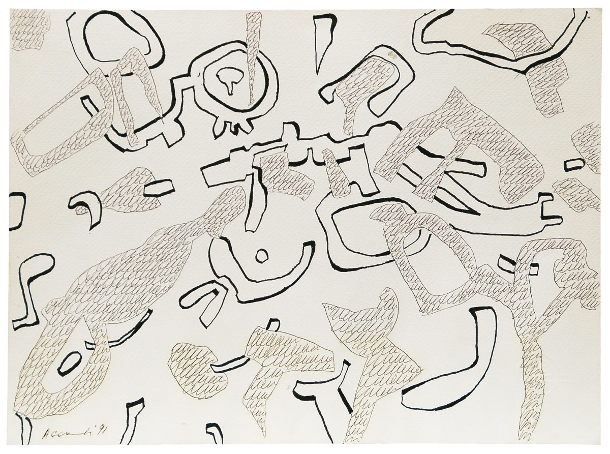 Carla Accardi, <I>Chiaro-scuro n.6</I>, 1991
</br>
ink, pen and watercolor on paper</br>
23,9 x 32,9 cm / 9.4 x 12.9 in (unframed)</br>
Courtesy Collezione Ramo, Milano