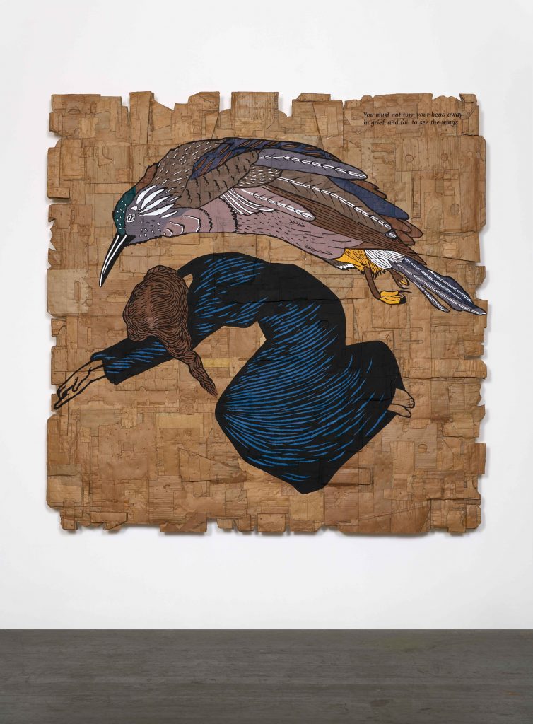 <i>Eco Grief Extinction Series, </br>You Must Not Turn Your
Head Away in Grief, and Fail to See the Wings </br>(Quote
by Deena Metzger; Bird: Kauai Oo, Declared Extinct
October 2021; </br>Figure: Giuseppe Scalarini, La Guerra,
7 August 1914)</i>, 2022
</br>
acrylic marker on cardboard</br>
185,4 x 183,6 x 11,4 cm / 73 x 72.5 x 4.5 in