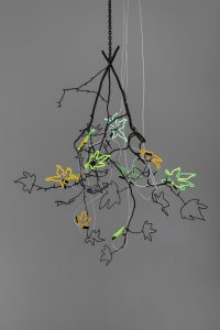 <i>Chandeliers of Interconnectedness </br>(LIVING DEMOCRACY GROWS LIKE A TREE. Quote by Vandana Shiva)</i>, 2022 </br>
steel, neon lights</br>
165 x 130 x 120 cm / 64.9 x 51.1 x 47.2 in