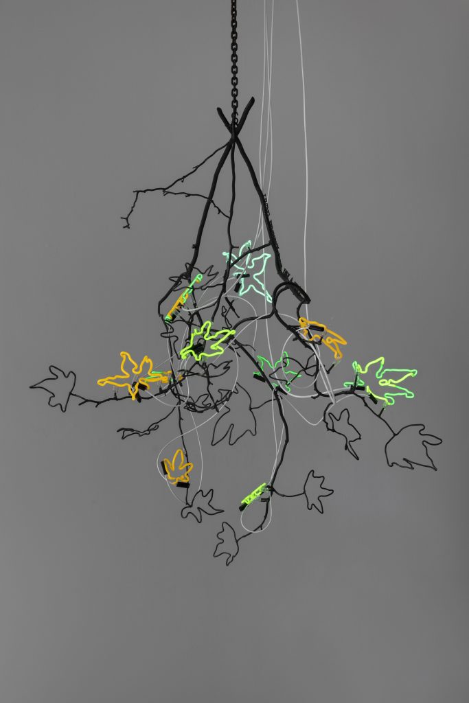 <i>Chandeliers of Interconnectedness </br>(LIVING DEMOCRACY GROWS LIKE A TREE. Quote by Vandana Shiva)</i>, 2022 </br>
steel, neon lights</br>
165 x 130 x 120 cm / 64.9 x 51.1 x 47.2 in>