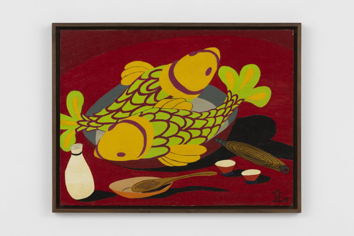 <i>Fish n Saki</i>, 1986 </br>
acrylic on panel</br>
49 x 64,5 x 4 cm / 19.2 x 25.3 x 1.5 in 