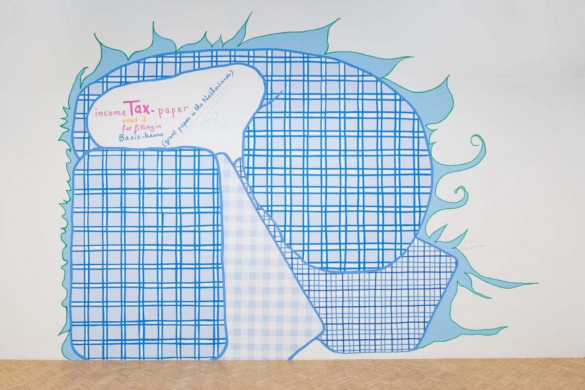 <i>Income Tax paper</i>, 2003-2022
</br>
acrylic paint on wall and wood (with armchair)</br>
500 x 500 cm / 196.8 x 196.8 in>