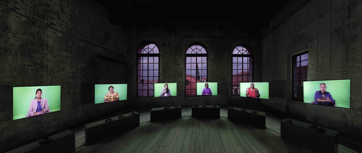 <i>love story</i>, 2016
</br>
7-Channel Installation: 7 Hard Drives Featuring Alec Baldwin and Julianne Moore
</br>Installation View, South African Pavilion, 57th Venice Biennale, Venice
</br>
Commissioned by the National Gallery of Victoria, Outset Germany + Medienboard Berlin-Brandenburg
>