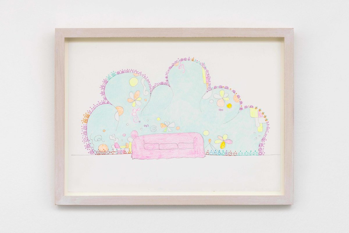 <i>Pink couch with turquoise wall painting 2 (design for
wall painting with couch) </i>, 2002-2008</br>color pencil and pen on paper</br>
24,6 x 33,2 cm / 9.6 x 13 in