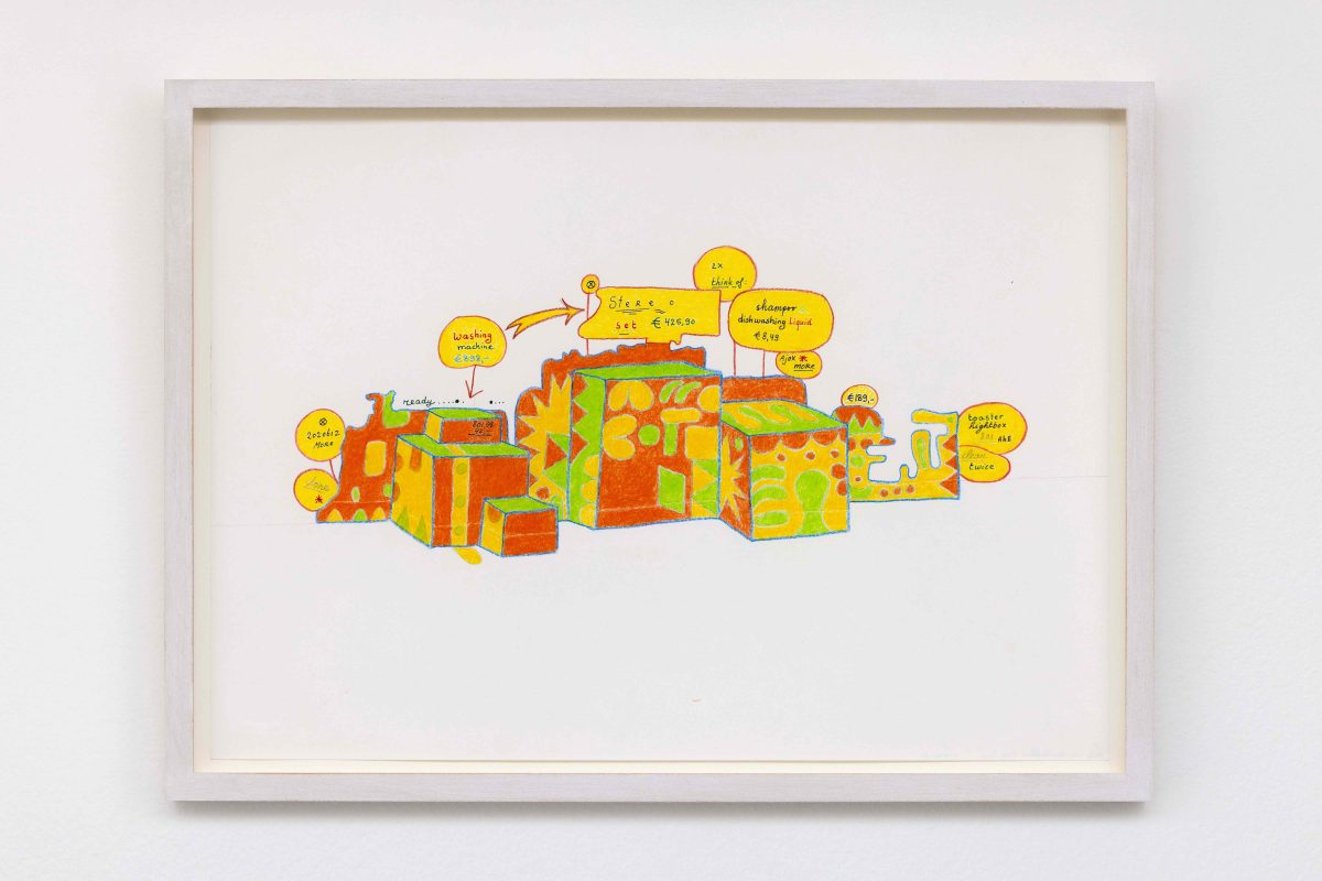 <i>Stereo Set (design for wall-painting and wood objects)</i>, 2008 (finished in 2019) </br>colour pencil and pen on paper</br>
33,4 x 46 cm / 13.1 x 18.1 in