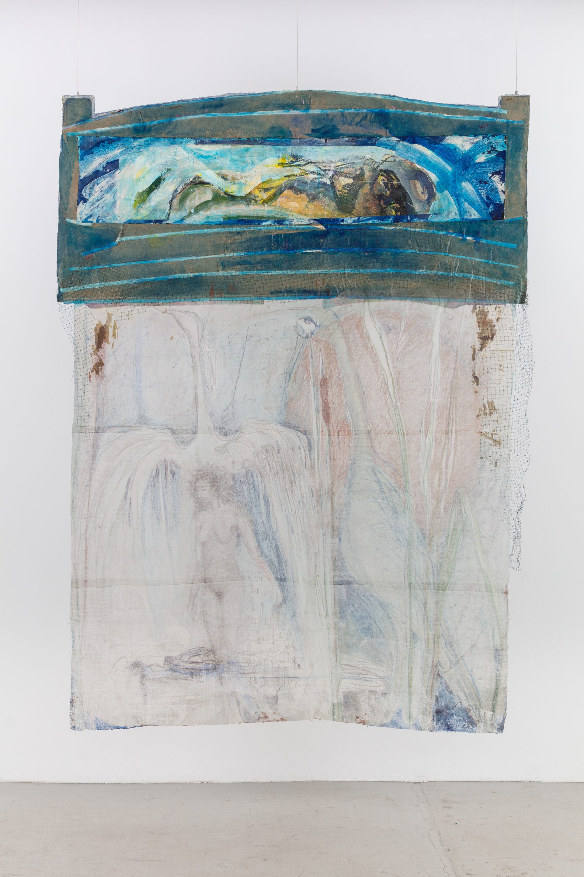 Suzanne Jackson, <i>Swim-Wildlife Refuge</i>, 2008</br>acrylic, Shibori, canvas, gauze, netting</br>
266,7 x 198,1 x 10,2 cm / 105 x 78 x 4 in