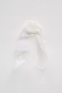 Hana Miletić, <i>Materials</i>, 2021-22</br>hand-woven textile (recycled nylon, repurposed
plastic and white gauze yarn)</br>
19 x 14 x 3 cm / 7.5 x 5.5 x 1.3 in