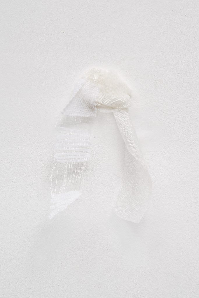 Hana Miletić, <i>Materials</i>, 2021-22</br>hand-woven textile (recycled nylon, repurposed
plastic and white gauze yarn)</br>
19 x 14 x 3 cm / 7.5 x 5.5 x 1.3 in
