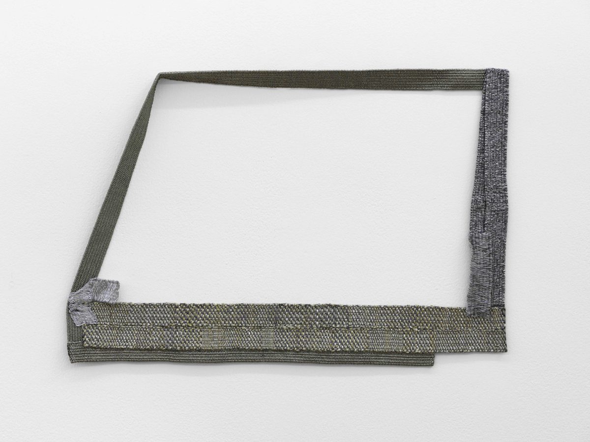Hana Miletić, <i>Materials</i>, 2020</br>hand-woven textile (chestnut wool and silk, dark
neutral grey hand-spun organic wool, dark silver
recycled polyamide, silver metal yarn, silver waxed
cord, and silver-painted recycled wood fibre)</br> 44 x 65 x 1 cm / 17.3 x 25.5 x 0.3 in