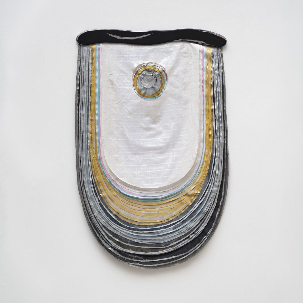 Leda Catunda, <i>Lua com Veus</i>, 2019</br>acrylic on organza, leather</br> 169 x 110 x 3 cm / 66 x 43 x 1 in