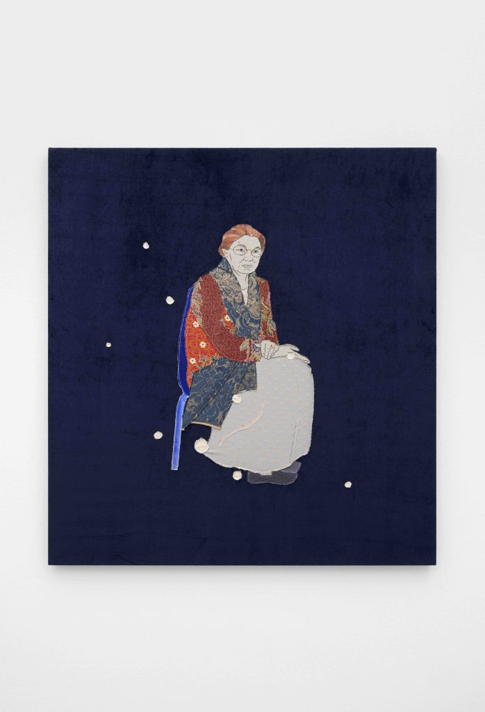 Małgorzata Mirga-Tas, <i>Bibi Adela Głowacka</i>, 2023</br>textile, acrylic on wooden stretcher</br> 140 x 130 cm / 55 x 51 in