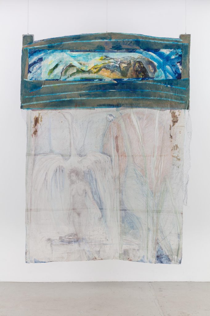 Suzannne Jackson, <i>Swim-Wildlife Refuge</i>, 2008</br>acrylic, Shibori, canvas, gauze, netting</br> 266,7 x 198,1 x 10,2 cm / 105 x 78 x 4 in