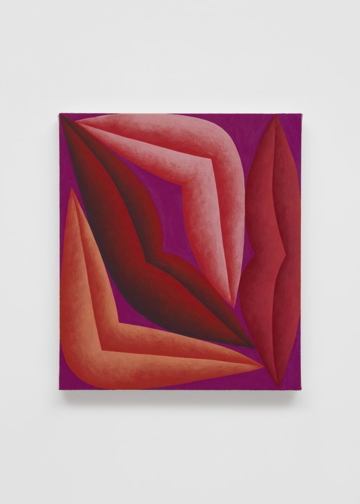 Corydon Cowansage, <i>Peach, red, magenta</i>, 2023</br>acrylic on canvas </br>
45,7 x 40,6 cm / 18 x 16 in>