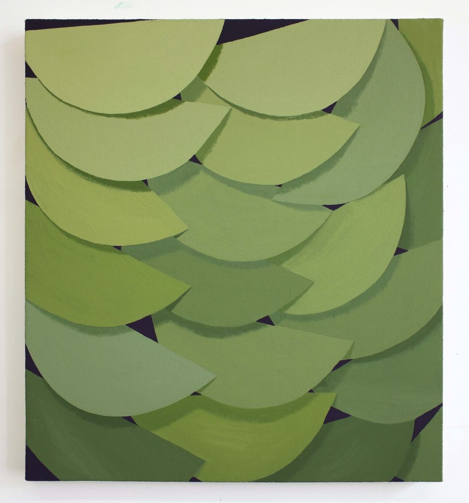 Corydon Cowansage, <i> Green and Purple</i>, 2019 </br> acrylic on canvas</br> 50,8 x 45,7 cm / 20 x 18 in>