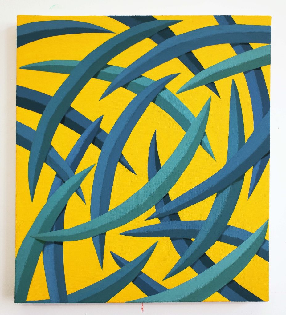Corydon Cowansage, <i> Yellow, Blue, Green</i>, 2019 </br> acrylic on canvas</br> 45,7 x 40,6 cm / 18 x 16 in>