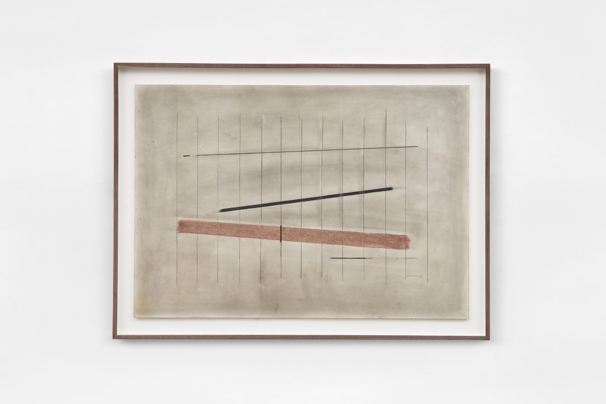 Bice Lazzari,<i> Striscia rossa obliqua [Oblique red line], 1978 </br> acrylic on canvas </br> 90,2 x 99,1 x 6,4 cm / 35.5 x 39 x 2.5 in (framed)