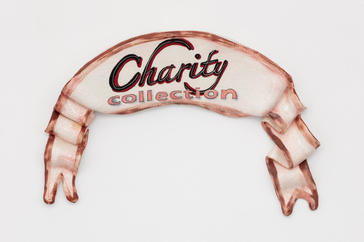 Skuja Braden, <i>Charity Collection Sign</i>, 2022 </br> porcelain </br> 38 x 58 x 6,5 cm / 14.9 x 22.8 x 2.5 in
