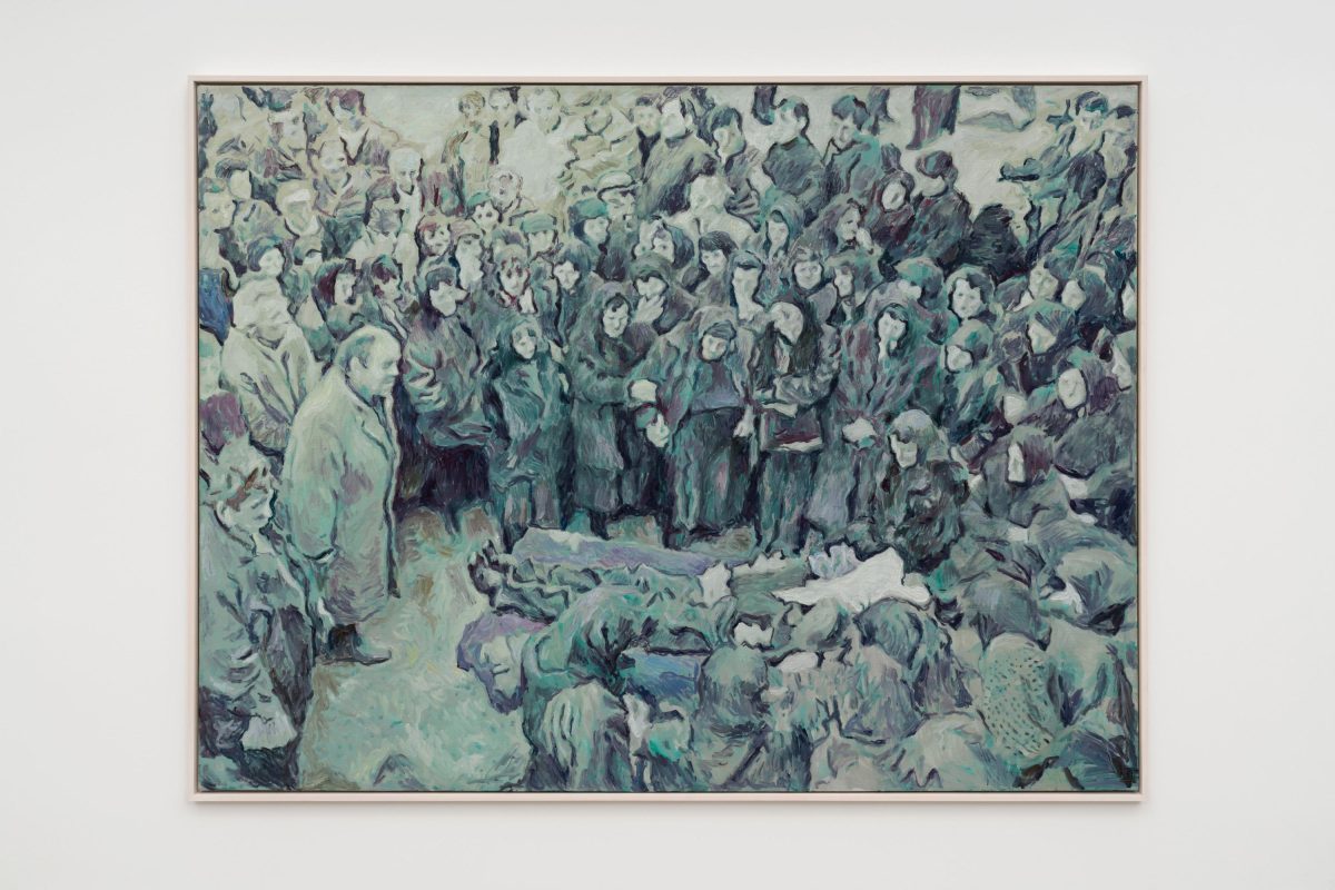 Adrian Paci, <i>Mourners</i>, 2023 </br> oil on canvas </br> 93.5 x 123.5 x 4 cm / 36.8 x 48.6 x 1.6 in
