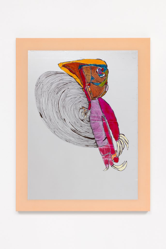 <i>L’IrideGay (riserve)</i>, 2024 </br>
marker and acrylic on rescue blanket</br>
101 x 78,5 x 4,5 cm / 39.7 x 30.9 x 1.7 in>