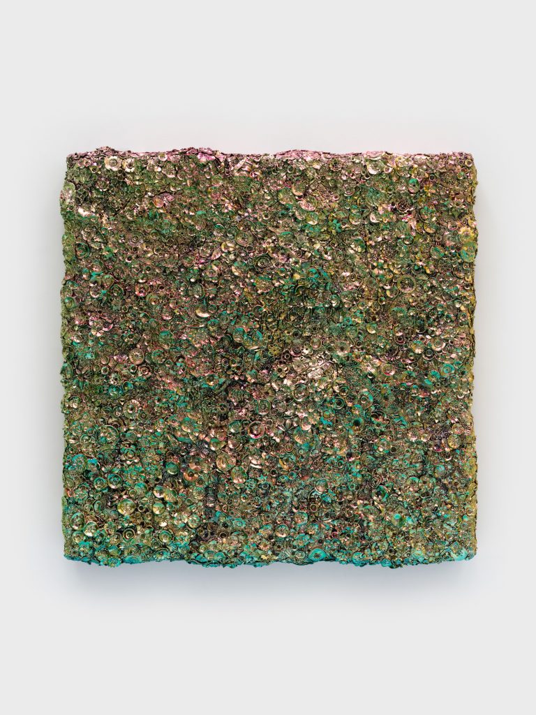 <i> Lost Stems </i>, 2025 </br>
automotive paint and paper clay on wood panel</br>
150 x 150 x 23 cm / 59 x 59 x 9 in>