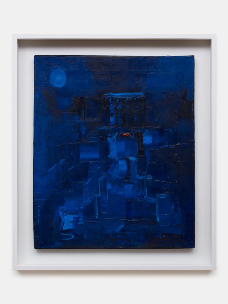 <i>Clear Winter Night under the Snow in Baalbek (Nuit claire d’hiver sous la neige à Baalbek)</i>, c. 1960 </br>
oil on canvas</br>
60 x 50 cm / 23.6 x 19.8 in
