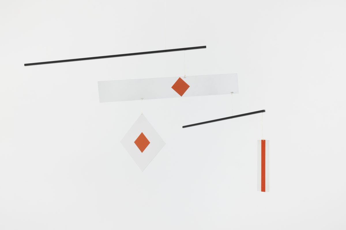 <i>Macchina Inutile</i>, 1994 </br>
screen-printed metal, nylon thread, wood </br>
73 x 150 cm / 28.7 x 59 in>