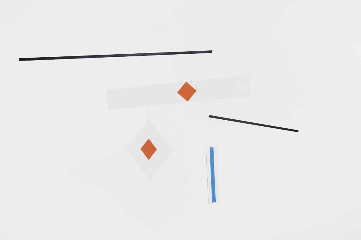 <i>Macchina Inutile</i>, 1994 </br>
screen-printed metal, nylon thread, wood </br>
73 x 150 cm / 28.7 x 59 in