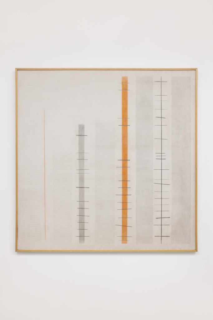 <i>I segni</i>, 1969 </br>
tempera and colored pencil on canvas </br>
105 x 105 cm / 41 x 41 in>