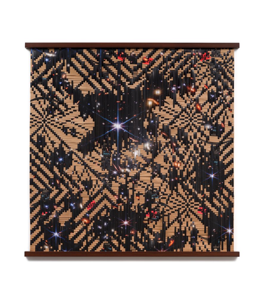 <i> Future Geography: First Deep Field </i>, 2023
</br> Used Amazon.com delivery boxes, archival inkjet print on photo paper with lamination, wood>