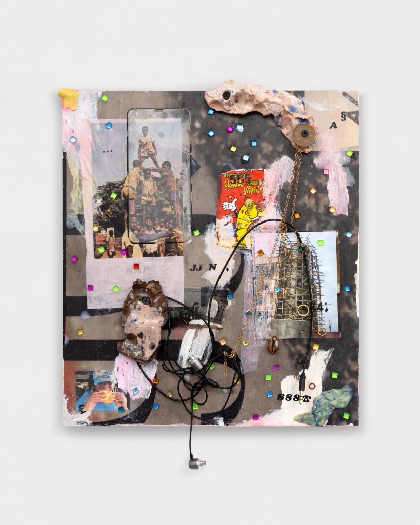 <i>Safe space for a passing History_Frizzy Pazzy,</i> 2023</br>
plywood, UV print, collage, painting, oil pastel, kauri shells, gems, clay, key, coin, wire headphones, </br>silicon, iPhone screen protector, stickers, brass rings, brass chain and more significant objects</br> 43,2 x 33 x 3,8 cm / 17 x 13 x 1.5 in