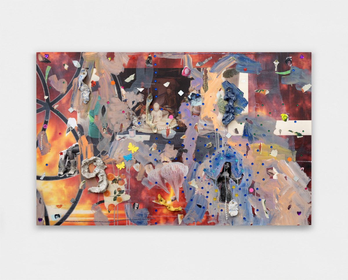 <i>Safe Space for a Passing History_Buddha Aretha,</i> 2025</br>
UV print on wood, ceramic, collage, gems, </br>keys, mirrors, butterfly & star stickers, US penny</br> 80 x 127 x 5 cm / 31.5 x 50 x 2 in