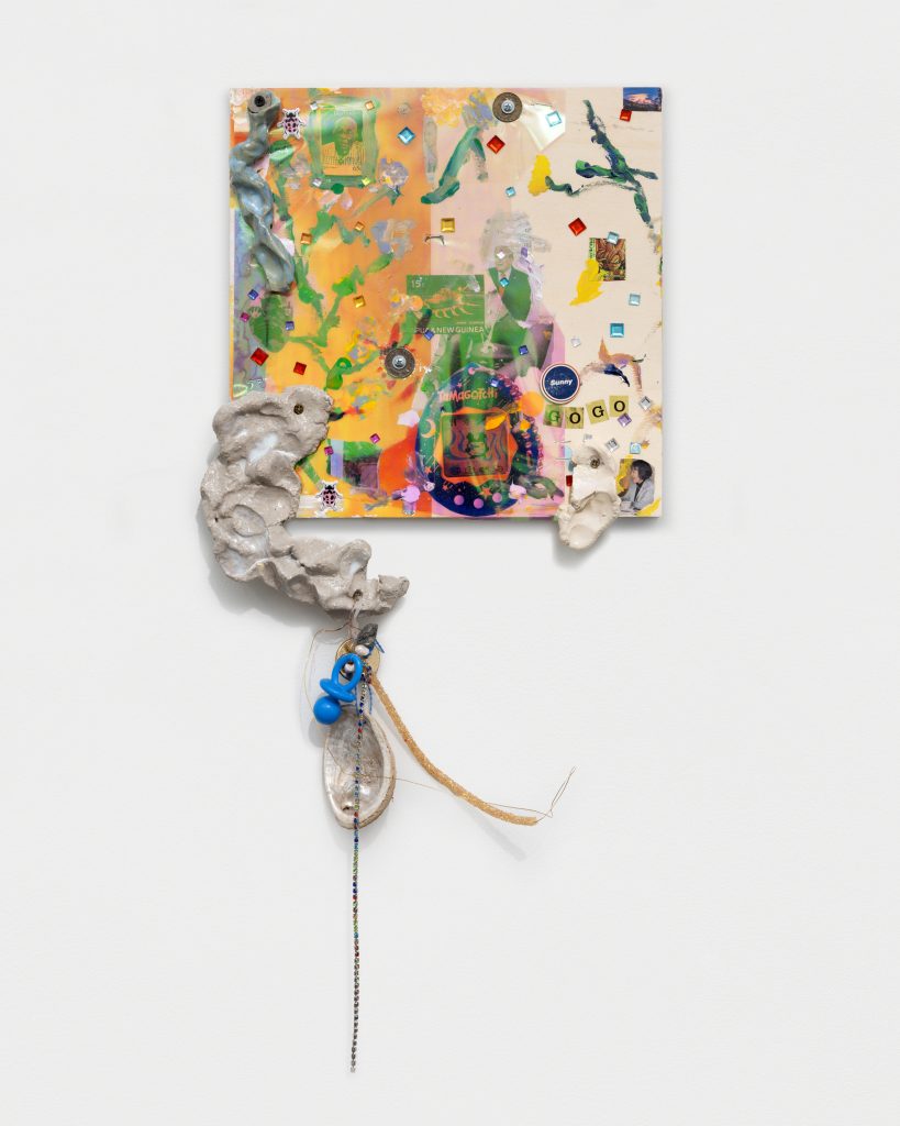 <i> Safe Space for a passing History_Sunny Gogo,</i> 2025</br>
plywood, UV print, collage, painting, gems, clay, key, brass wire, dichroic film, lady bug stickers, </br>coins, staples, freshwater pearl, crystal trims, fancy button, abalone shell and more significant objects</br> 72,4 x 33 x 12,7 cm / 28.5 x 13 x 5 in