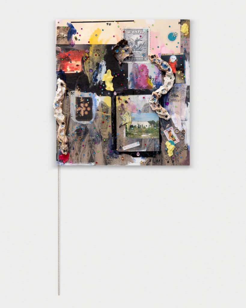 <i>Safe space for a passing History_Capois-La-Mort,</i> 2023</br>
plywood, UV print, collage, painting, oil pastel, kauri shells, gems, clay, silicon, </br>chain, brass rings, heart pendant, ipad screen protector, evil eye and more significant objects</br> 96,5 x 45,7 x 5 cm / 38 x 18.1 x 2 in