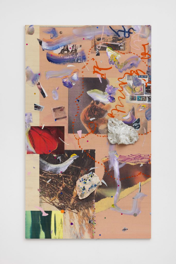 <i>Safe Space for a passing History-Ere du Verseau 999 #3(Short Stories),</i> 2024-2025</br>
plywood, UV print, collage, paint, oil pastel, precious stones, </br> ceramic, coins, more significant objects</br>153 x 90 cm / 60.2 x 35.4 in