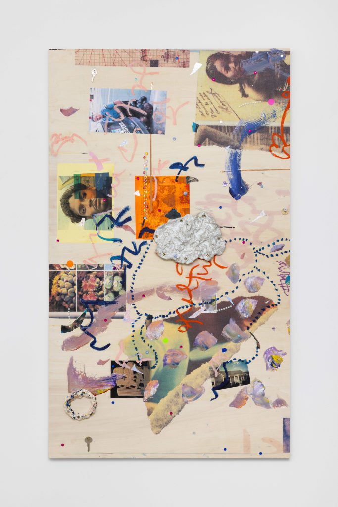 <i>Safe Space for a passing History-Ere du Verseau 999 #4(Short Stories),</i> 2024-2025</br>
plywood, UV print, collage, painting, oil pastel, precious stones, </br> ceramic, keys, more significant objects</br>153 x 90 cm / 60.2 x 35.4 in