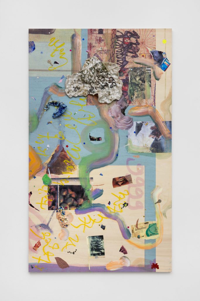 <i>Safe Space for a passing History-Ere du Verseau 999 #5(Short Stories),</i> 2024-2025</br>
plywood, UV print, collage, painting, oil pastel, precious stones, </br> ceramic, coins, more significant objects</br>153 x 90 cm / 60.2 x 35.4 in