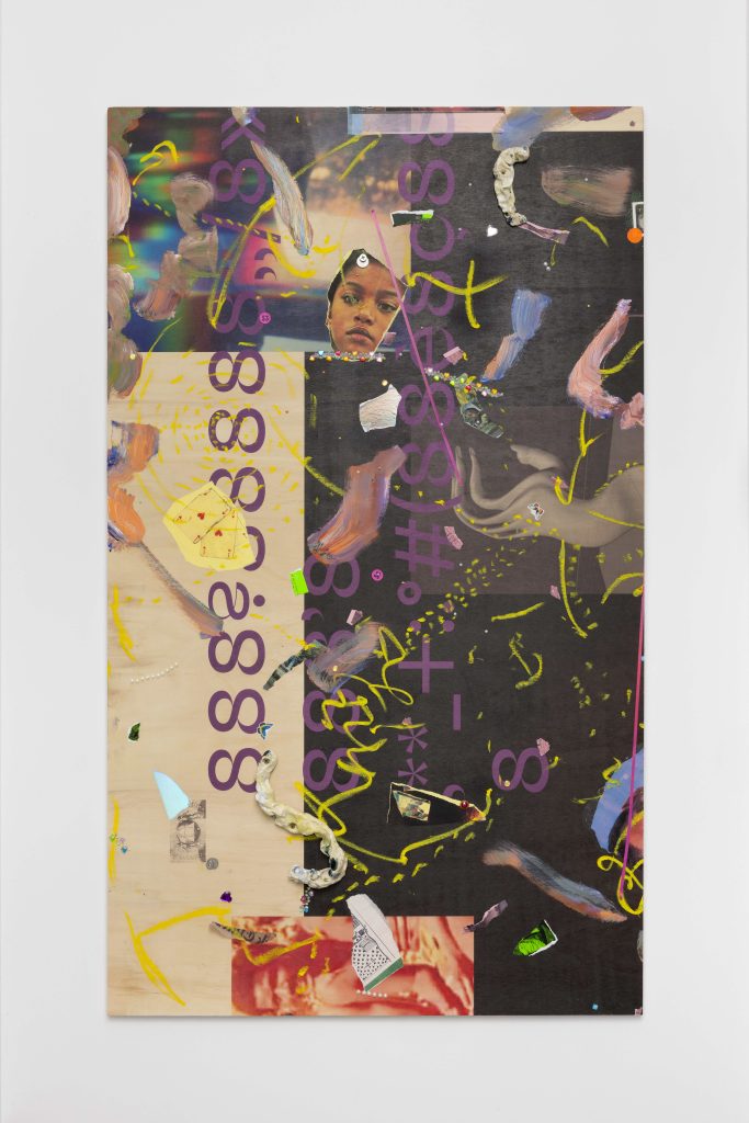 <i>Safe Space for a passing History-Ere du Verseau 999 #1(Short stories),</i> 2024-2025</br>
plywood, UV print, collage, painting, oil pastel, precious stones, </br> ceramic, coins, more significant objects</br>153 x 90 cm / 60.2 x 35.4 in