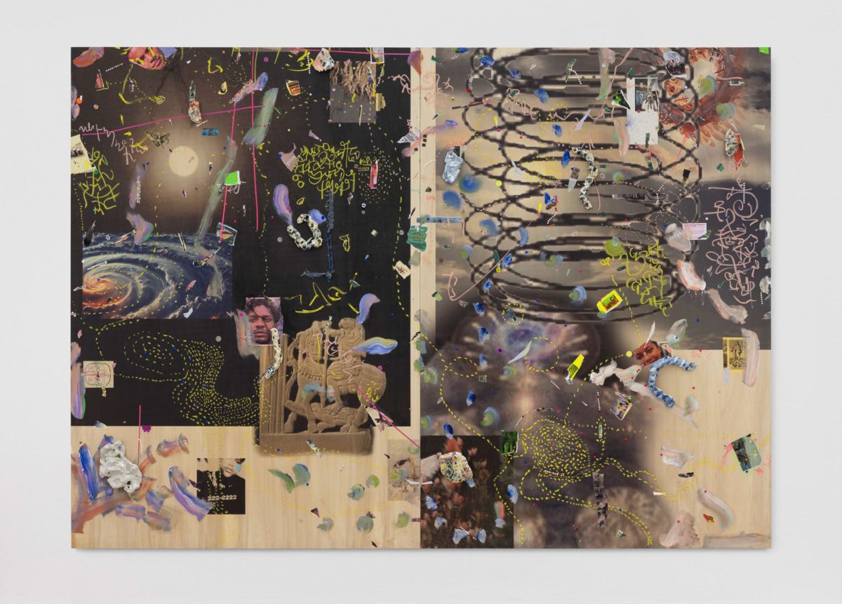 <i>Safe Space for a passing History-Ere du Verseau 999 (Long Story First),</i> 2024-2025</br>
plywood, UV print, collage, paint, oil pastel, precious stones, </br> ceramic, coins, more significant objects</br>diptych, overall 220 x 306 cm / 86.6 x 120.5 in</br>each panel 220 x 153 cm / 86.6 x 60.2 in